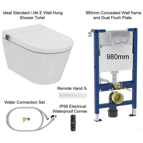 Complete bundle set: Ideal Standard i.life E Wall-Hung Shower Toilet with 98cm frame