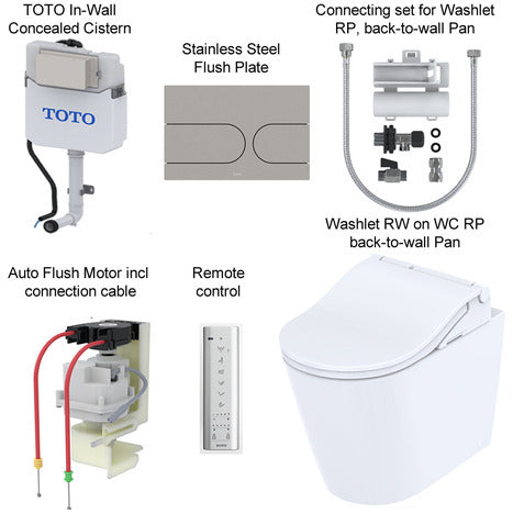 Complete set: TOTO Floor Standing RW Washlet + TOTO In-Wall Cistern with Automatic Flush + Flush Plate and connection set