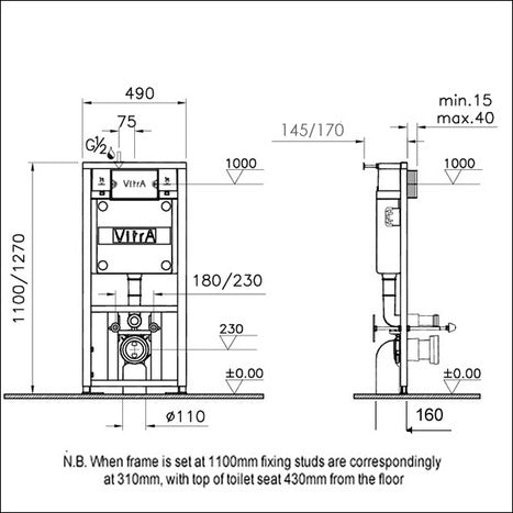 Vitra Concealed Cistern WC Frame for wall hung Toilets with dual flush plate