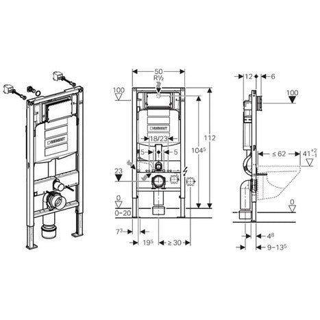 Geberit Duofix WC Frame 1.12m with Flush plate, Sigma Cistern 12cm 111.383.00.5