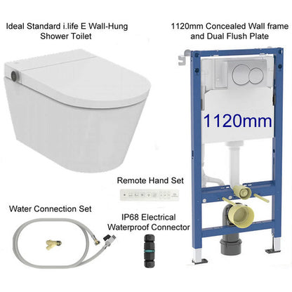 Complete set: Ideal Standard i.life E Wall-Hung Shower Toilet + Wall Frame, Flush Plate and connection kit