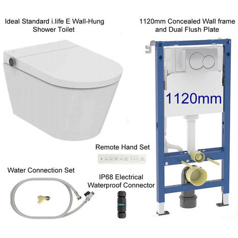 Complete set: Ideal Standard i.life E Wall-Hung Shower Toilet + Wall Frame, Flush Plate and connection kit