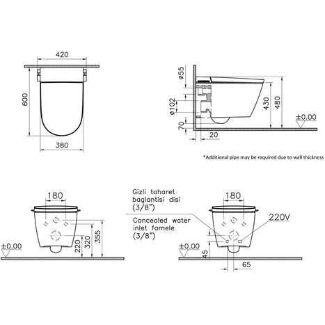 VitrA V-care 3 Prime Wall Hung Smart Shower Toilet: Complete Installation Package