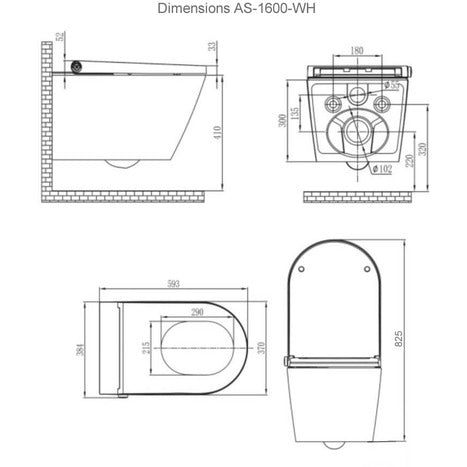 AS-1600-CS Matt Black wall hung Smart Bidet Shower toilet: Complete Set