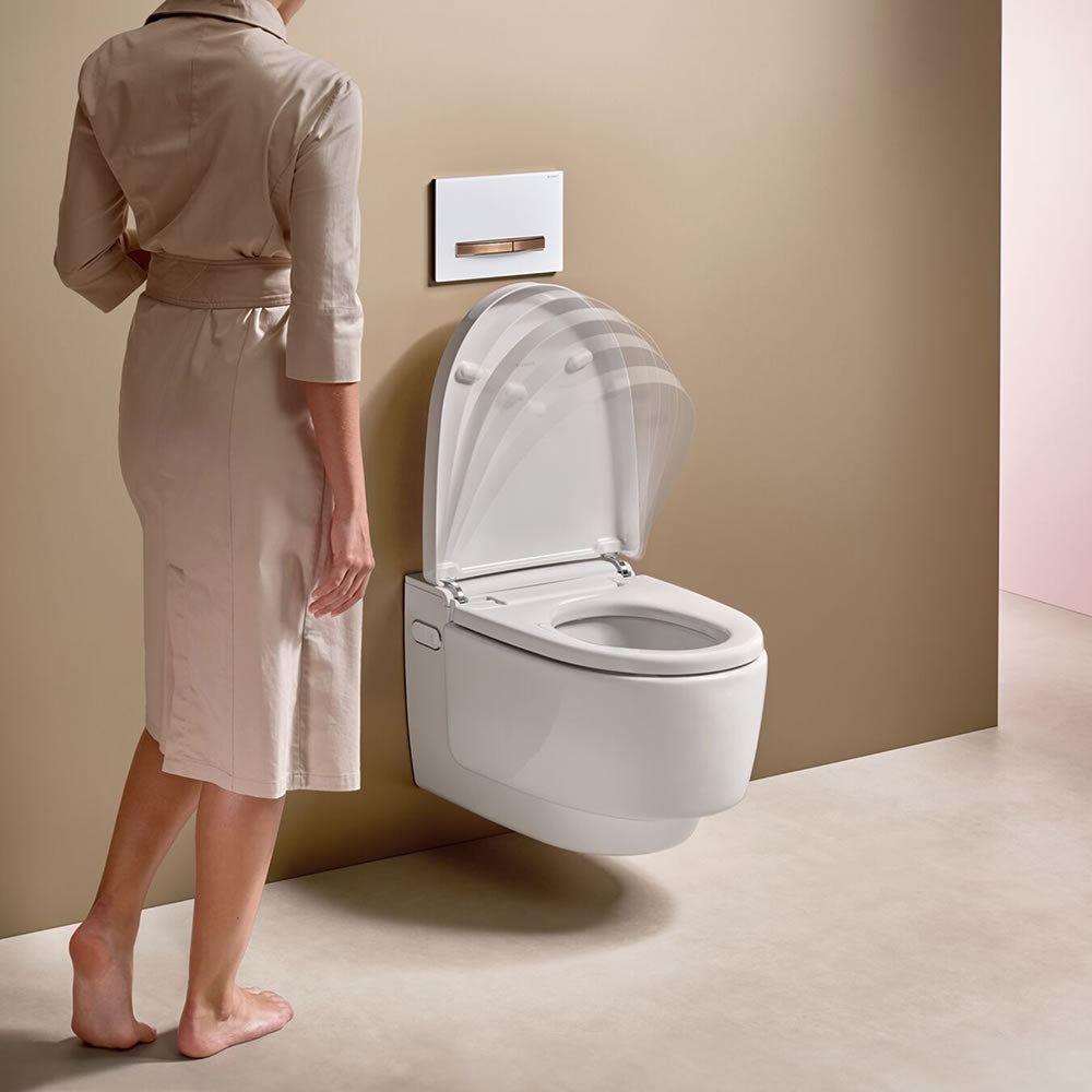 Complete set: Geberit AquaClean Mera Comfort Shower Toilet  + Wall frame. Air Purtfication + Flush Plate and connections