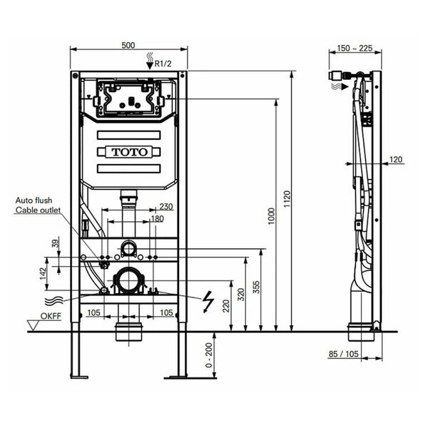 Complete set: Toto RX Washlet + Toto wall frame with Automatic Flush + Flush Plate and connection kit